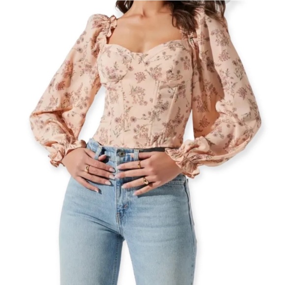 Astr Tops - ASTR the Label Pink Floral Long Sleeve Corset Top
